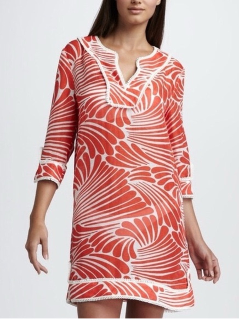 Kate Spade Linen-Silk Blend Swim Cover-Up Tunic - Orange & White - Small